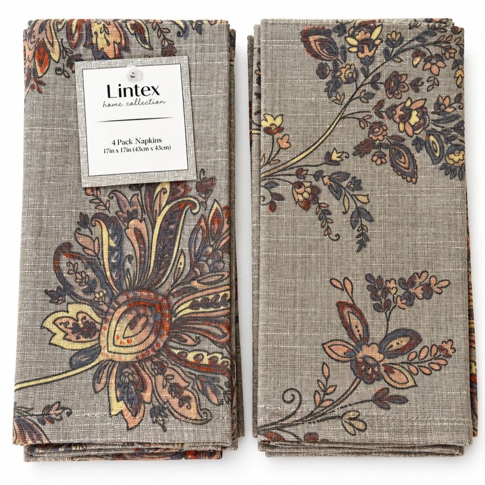 Lintex Home Collection Avignon Napkins Set of 4 Gray Floral Cotton Blend 17x17